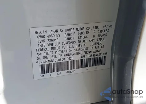 2006 Acura Rl 3.5 из США, поврежденный, VIN JH4KB16506C010626